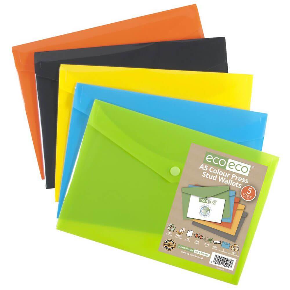Eco Eco Pack of 5 A5 Colour Press Stud Wallets